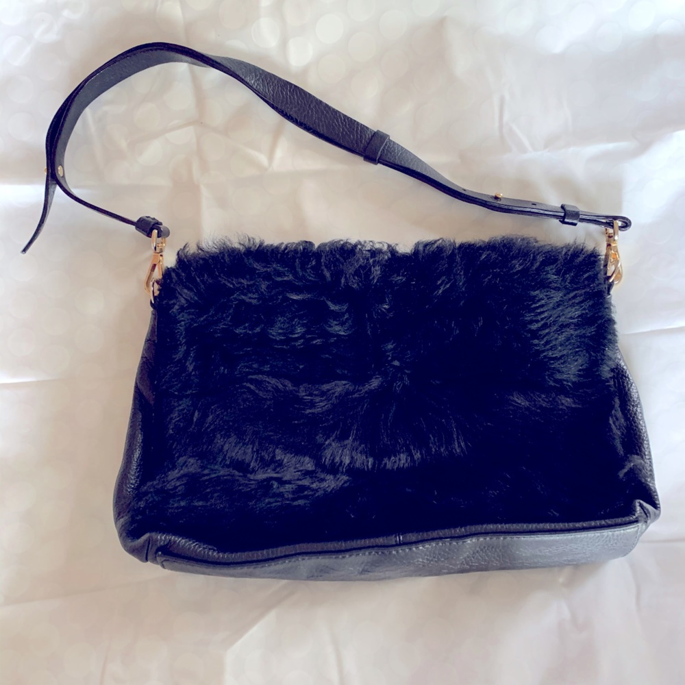 Black leather with real fur bag